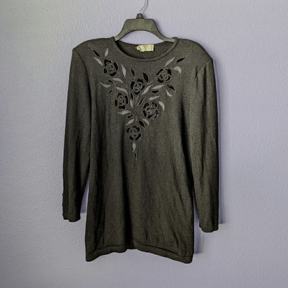 Vintage Valentino Studio Pullover Sweater 100% Wool embroidered Italy 10 Black